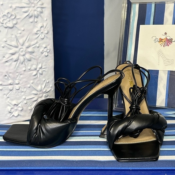 Black square toe knotted strappy wrap tie up high heel sandals sz 10 - Picture 6 of 16